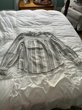 Loft Striped Ruffle Neck Long Sleeve Blouse - Black & White